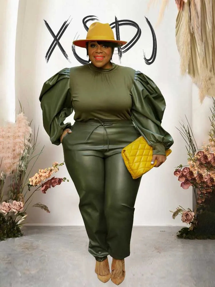 Women's olive green puff-sleeve knit top and faux leather pants set with ruched waistband
