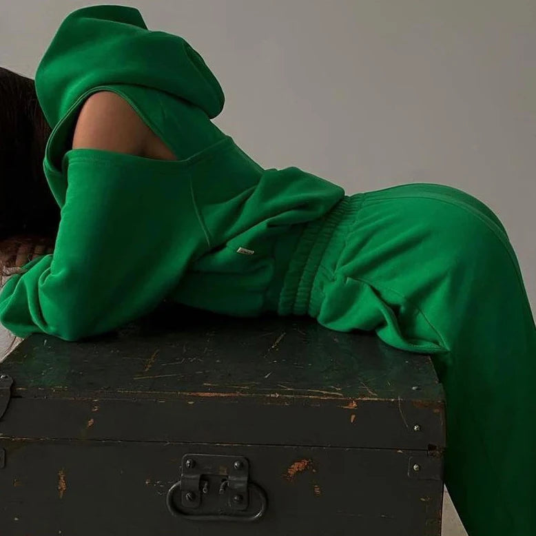 Green hooded crop hoodie and matching jogger pants, drawstring hood and elastic cuffs