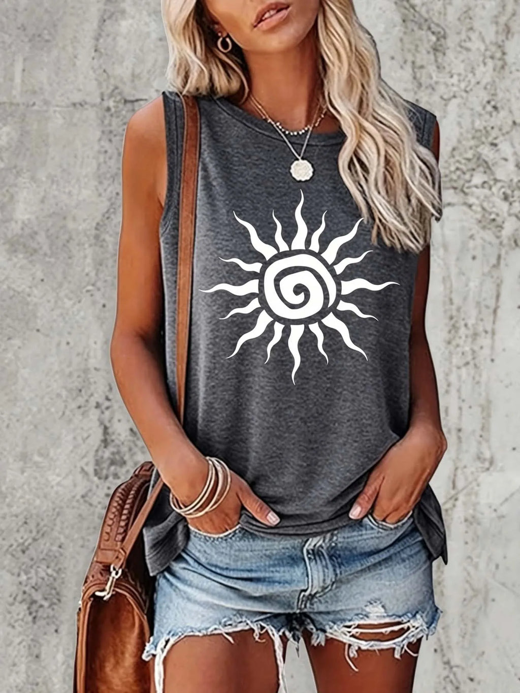 Dark gray sleeveless tank top showing white spiral sun print and crew neckline.