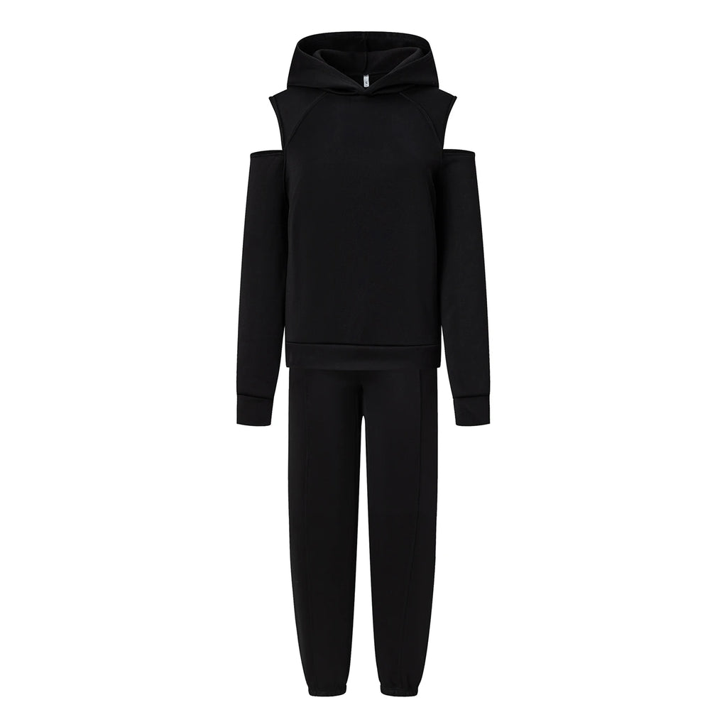 Black hooded crop hoodie and matching joggers set, drawstring hood and ribbed cuffs