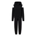 Black hooded crop hoodie and matching joggers set, drawstring hood and ribbed cuffs