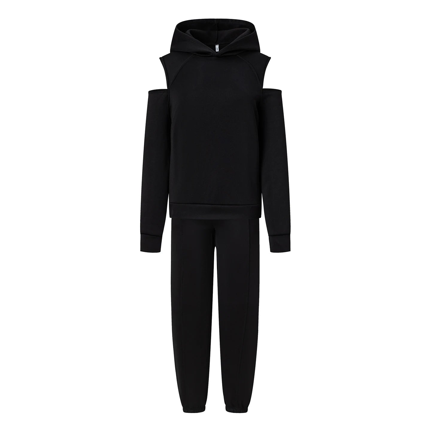 Black hooded crop hoodie and matching joggers set, drawstring hood and ribbed cuffs