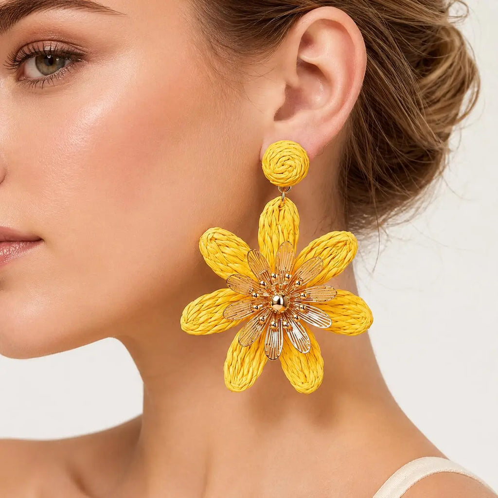 French Vintage Raffia Floral Dangle Earrings | Lightweight Summer Statement Earrings