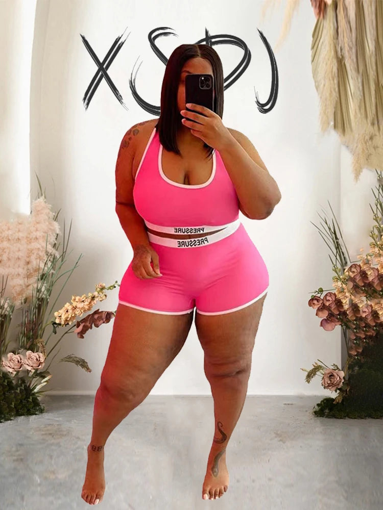 Plus size V-neck shirt and shorts tracksuit set, bright pink with white trim