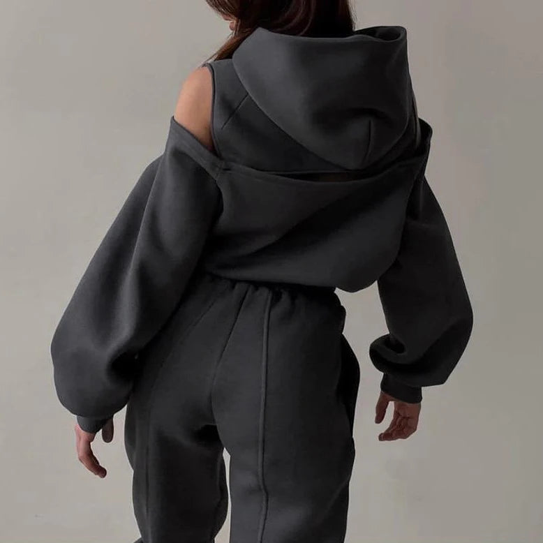 Dark gray cold-shoulder hooded crop hoodie with matching jogger pants, elastic cuffs