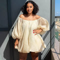 Cream off-shoulder puff-sleeve mini dress, loose A-line fit