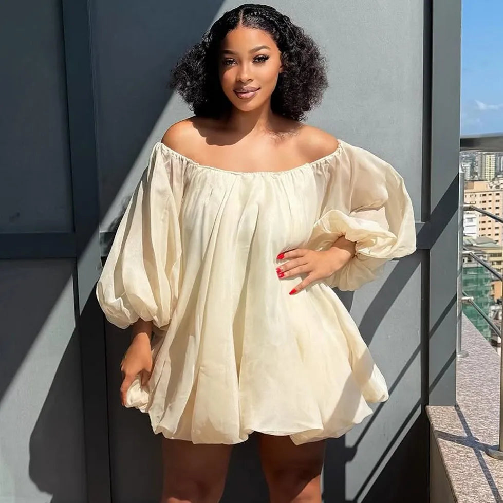 Cream off-shoulder puff-sleeve mini dress, loose A-line fit