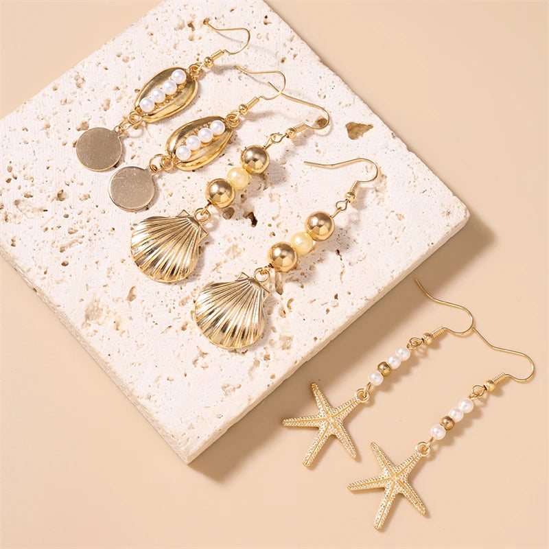 Starfish Shell Drop Earrings Set | 3 Pairs Handmade Beach Jewelry