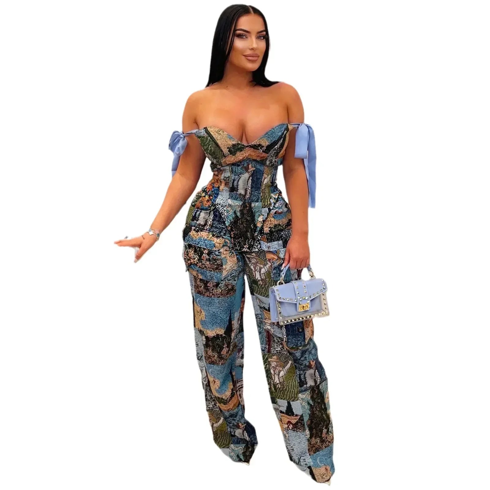 Oil Painting Print Lace-Up Crop Top & Wide-Leg Pants Set