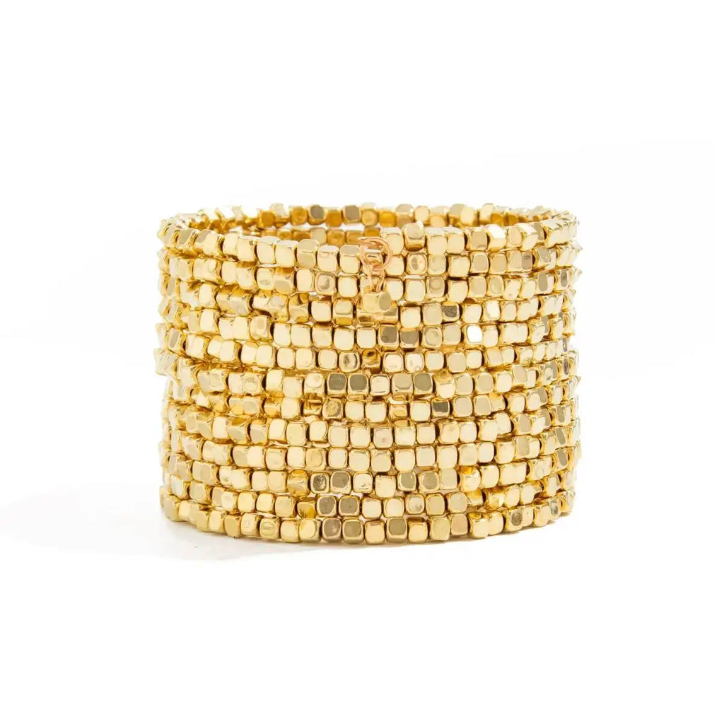 Wide multi-layer bead bangle bracelet, gold-toned square acrylic beads