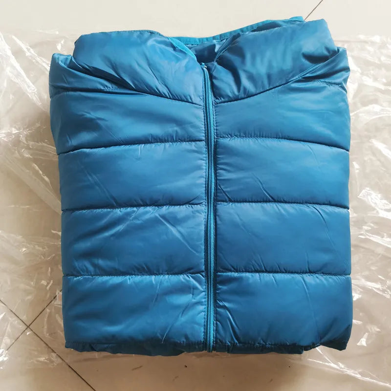 Teal blue sleeveless puffer jacket with full-zip front and quilted stripes