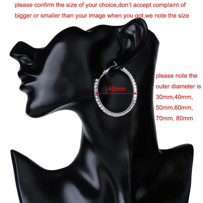 Crystal Rhinestone Big Hoop Earrings | 30–80mm Circle Hoops in Gold, Silver, Black & Rose Gold