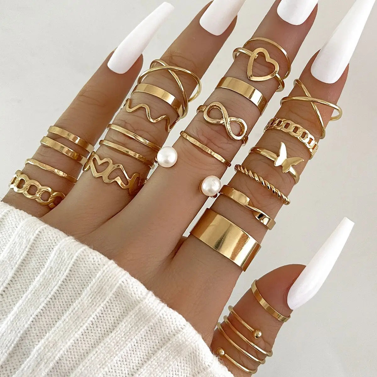 Crystal Wave & Heart Ring Set | Bohemian Stackable Rings for Women