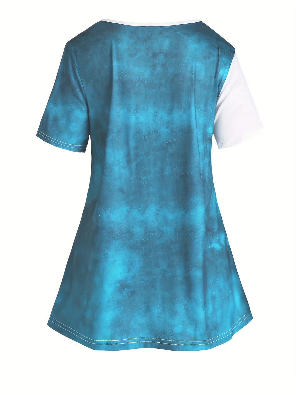 Women's plus size butterfly print tunic top, teal short-sleeve back view