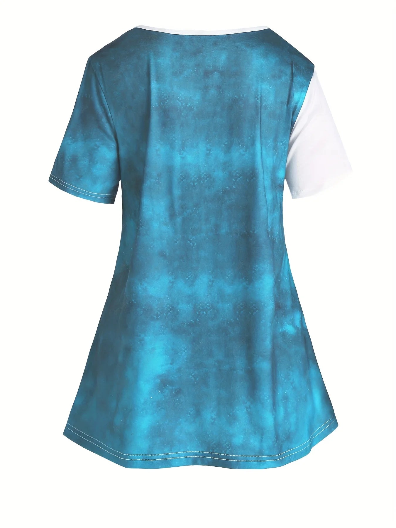 Women's plus size butterfly print tunic top, teal short-sleeve back view