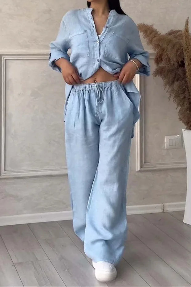 Women's linen button shirt & drawstring pants set, light blue, drawstring waist, roomy fit.