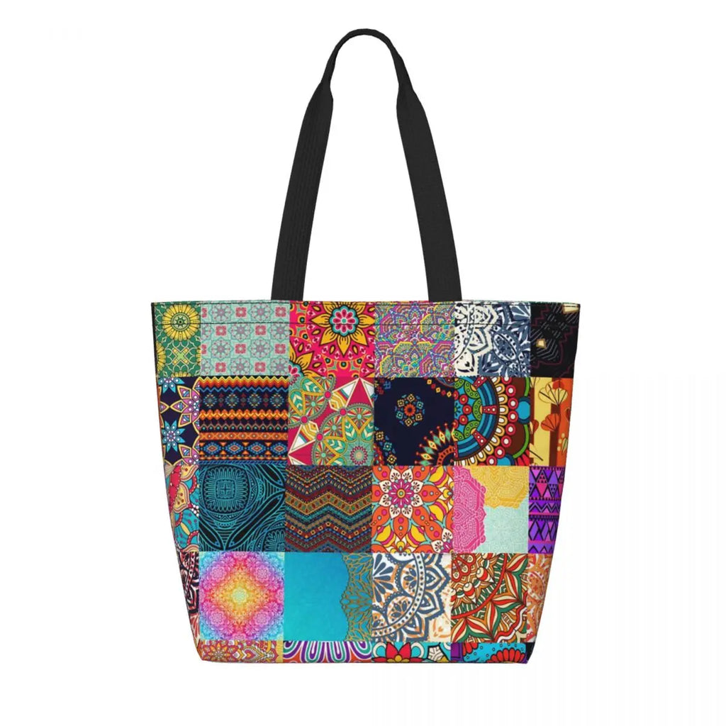 Canvas tote bag with multicolor patchwork mosaic motifs and black handles