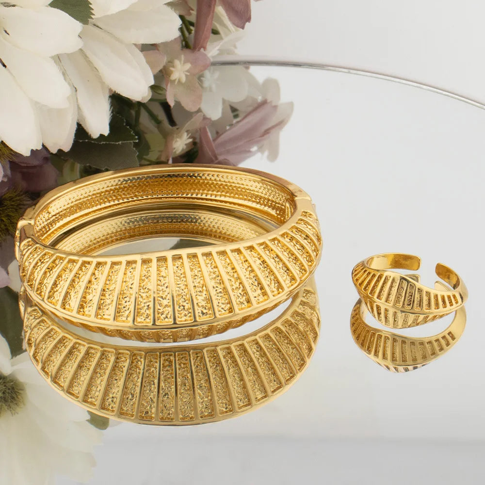Gold-tone domed ridged bangle set with matching ring in textured fan pattern