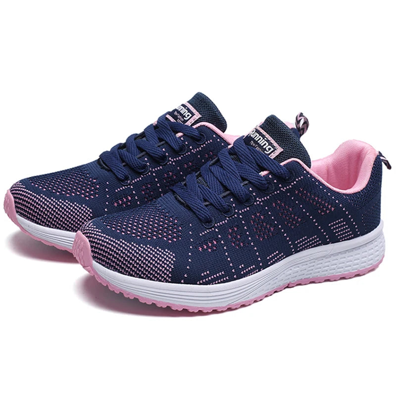 Navy mesh lace-up sneakers with pink lining, lace-up front and white sole