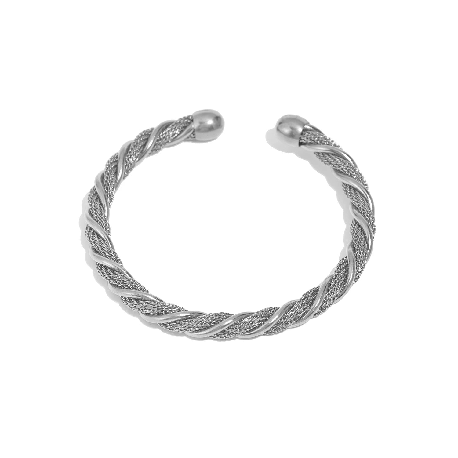 Silver-tone woven open bangle bracelet with twisted braid texture and flat clasp ends