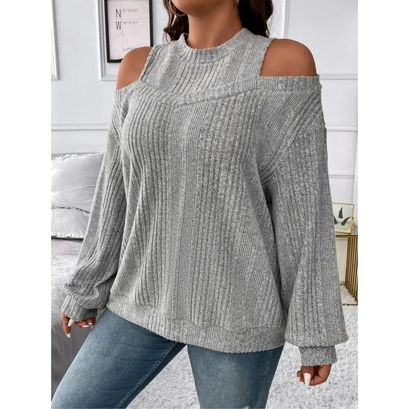 Gray knit pullover sweater with off-shoulder neckline and ribbed long sleeves