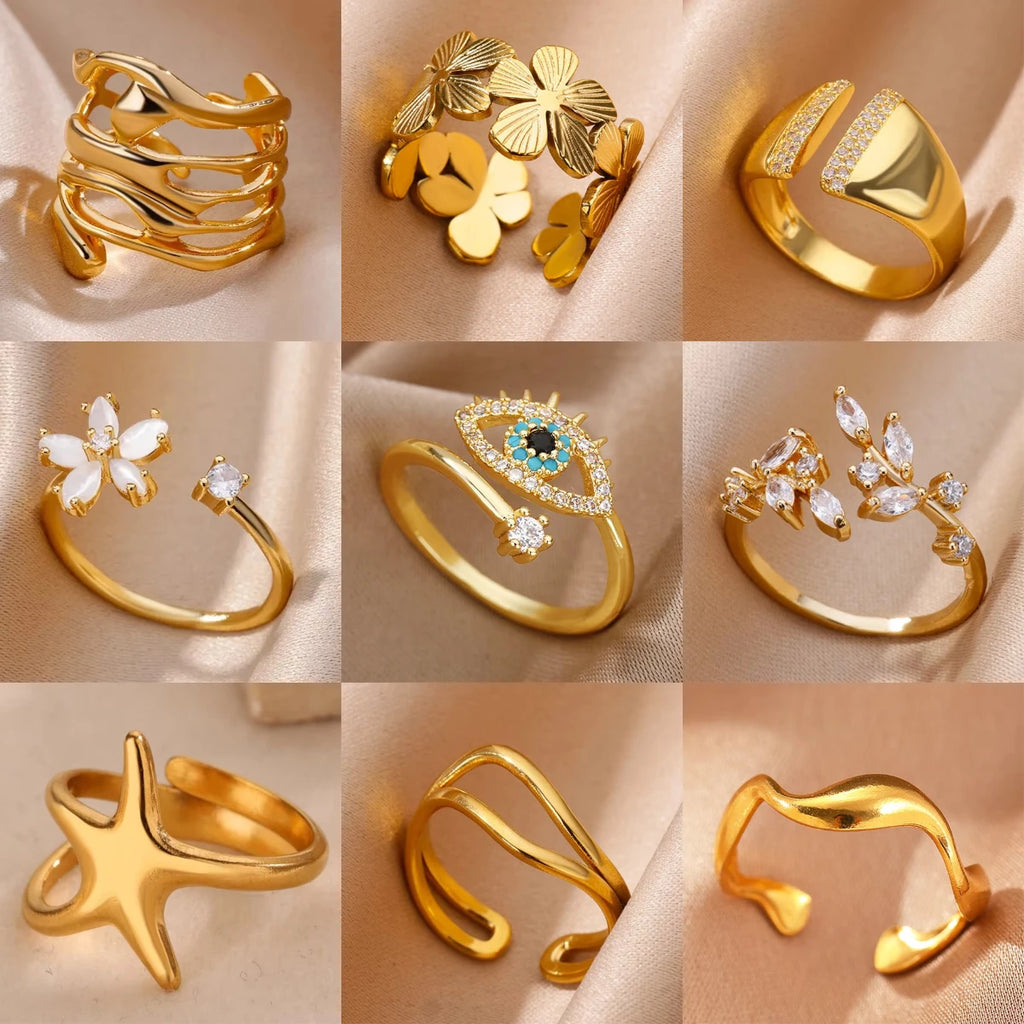Zircon Geometric Ring Collection | 18K Gold-Plated Adjustable Stainless Steel Rings for Women