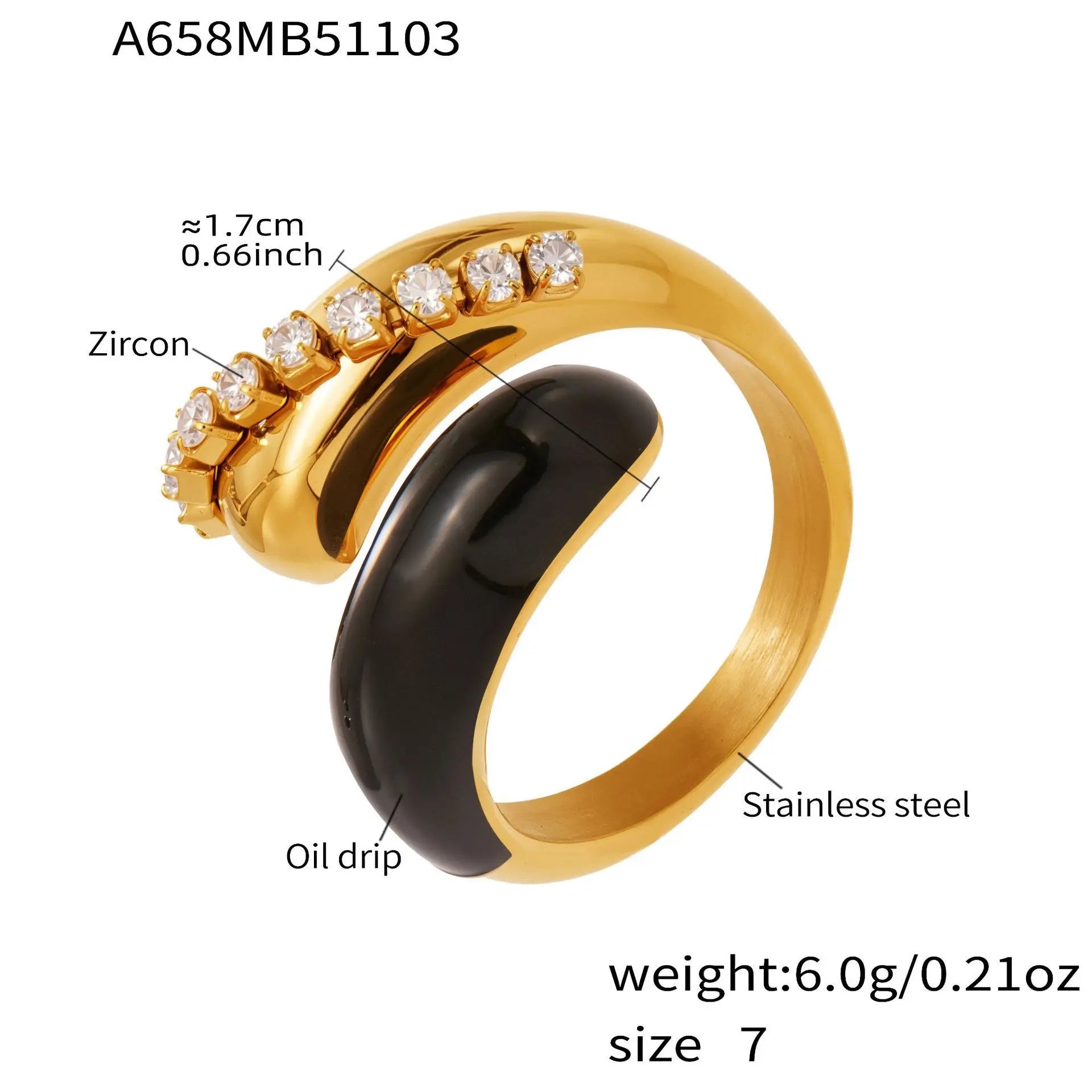 Gold-tone open ring with dark enamel inset and clear zircon stones, chunky domed top