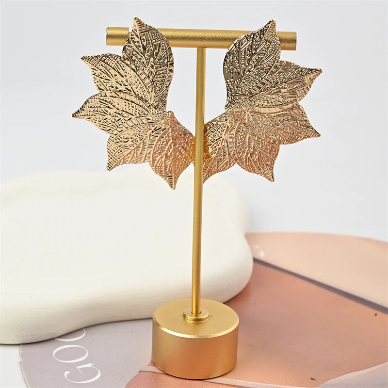 Oversized Gold Leaf Drop Earrings | Exaggerated Plant Drop Earrings for Women