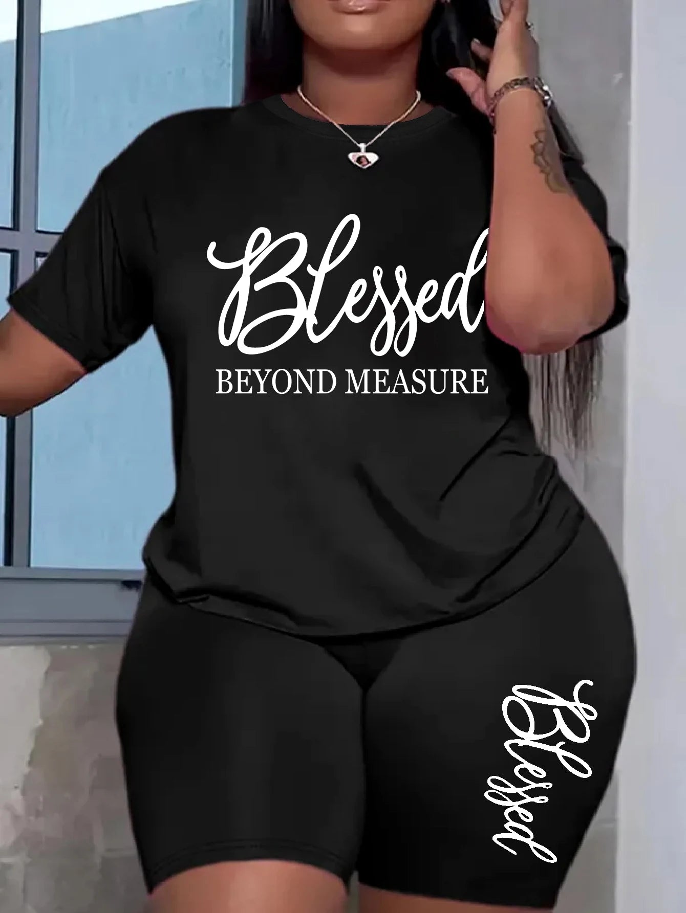Women's plus size black graphic t-shirt & short set with 'Blessed' print