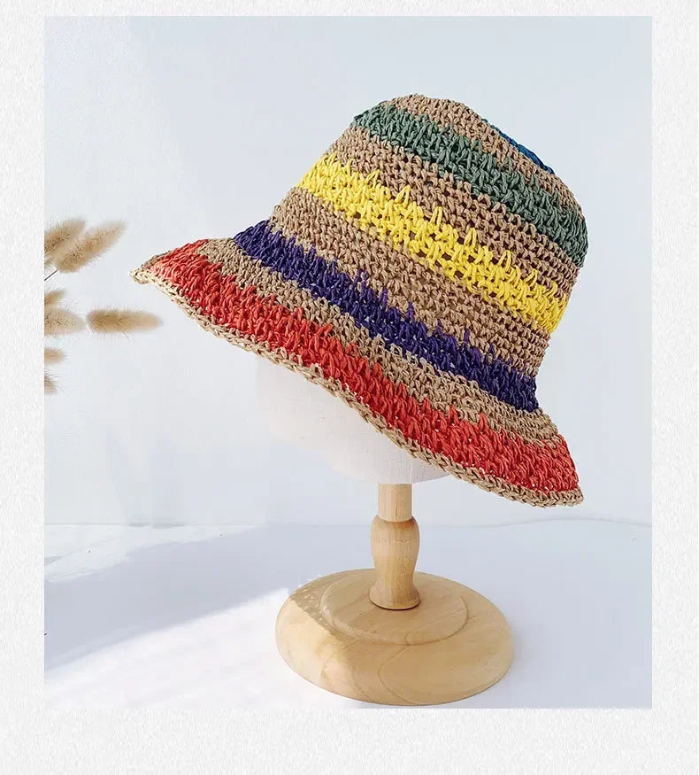 Rainbow Striped Crochet Bucket Hat | Boho Beach Sun Hat