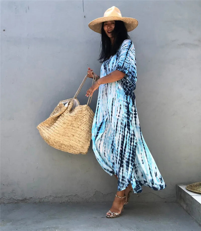 Bohemian Striped Beach Dress | Printed Kaftan Swimsuit Cover Up for Women