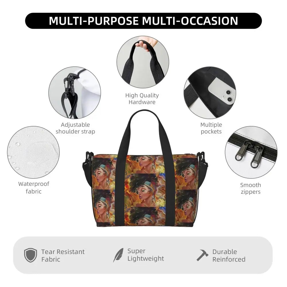 African American Woman Large Capacity Tote Bag | Beach, Gym & Travel Duffle
