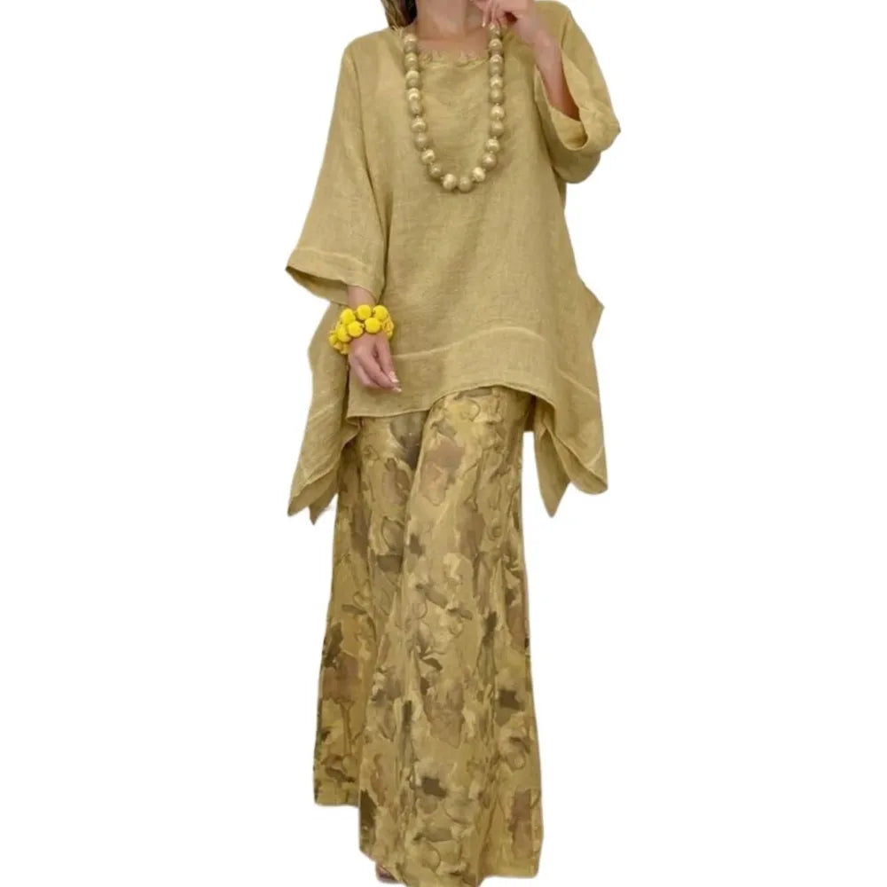 Khaki printed tunic and wide-leg pants set with short sleeves and relaxed silhouette