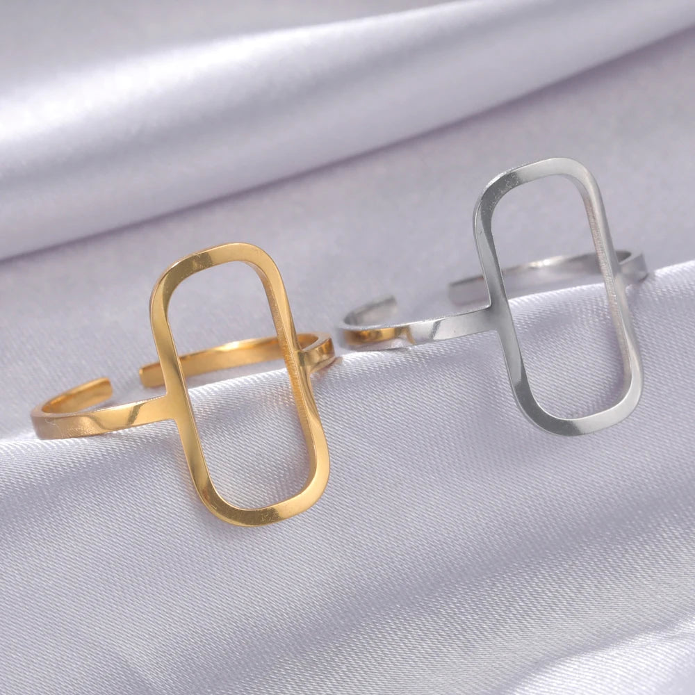 Rectangular Geometric Open Ring | 18K Gold-Plated Adjustable Stainless Steel Ring for Women