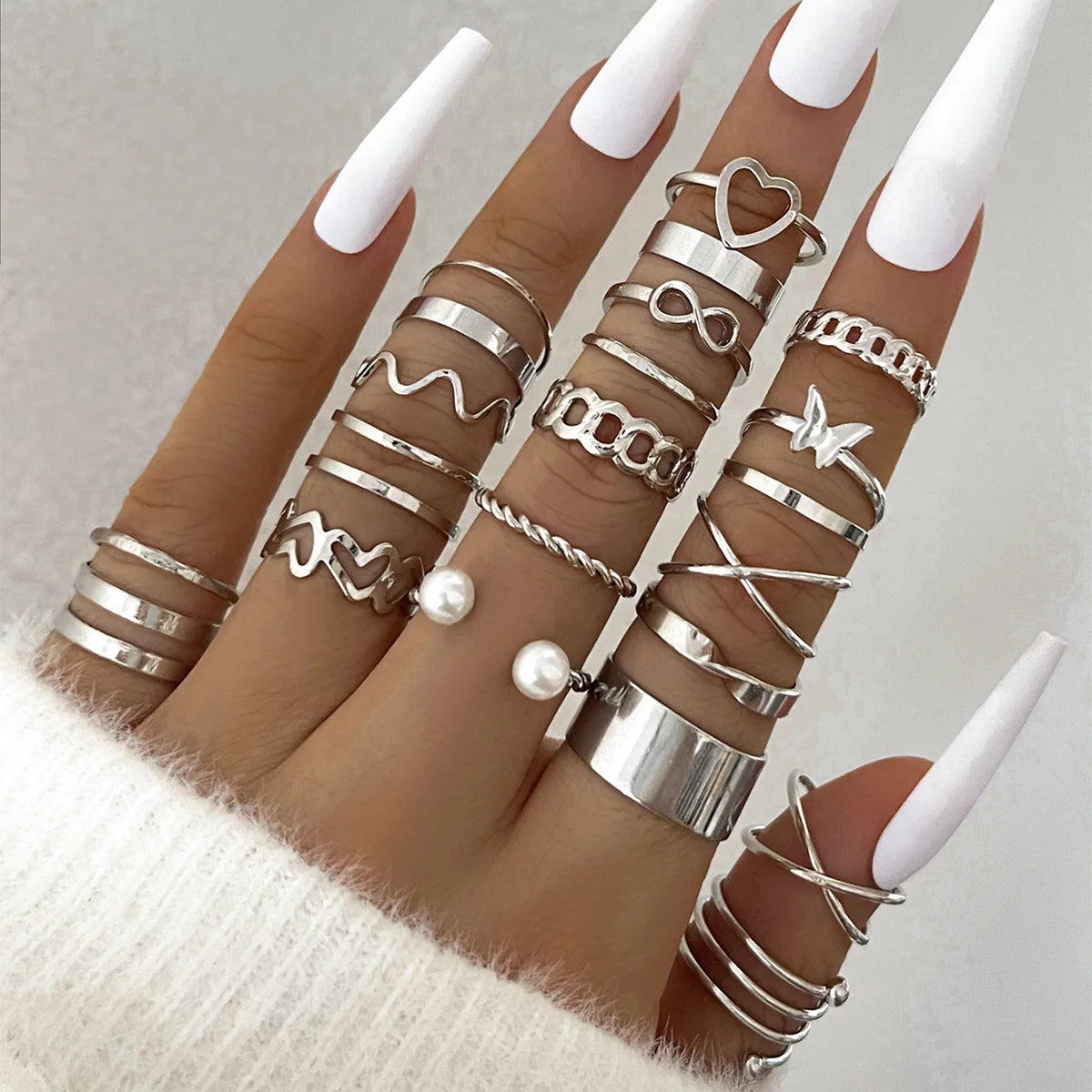 Crystal Wave & Heart Ring Set | Bohemian Stackable Rings for Women