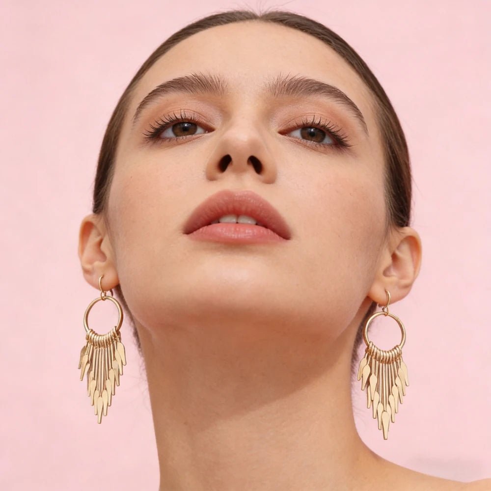 Gold Ring Tassel Drop Earrings | Geometric KC Gold-Plated Earrings for Women