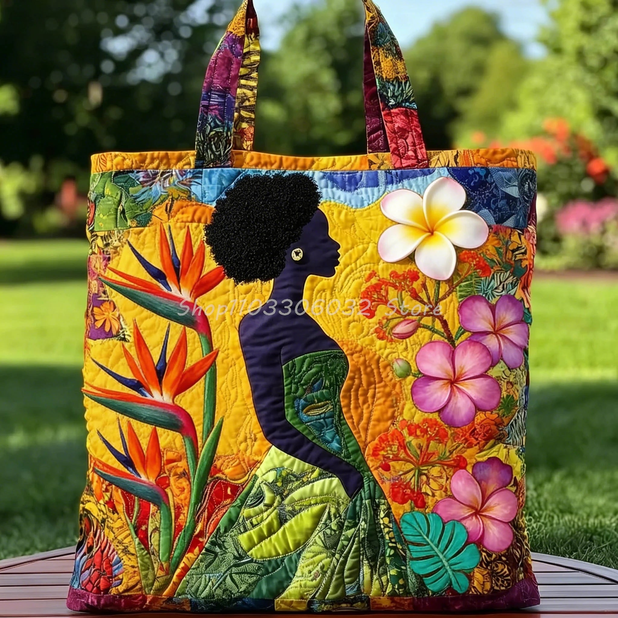 African American Floral Print Quilted Tote | Outdoor Weekender Travel Bag