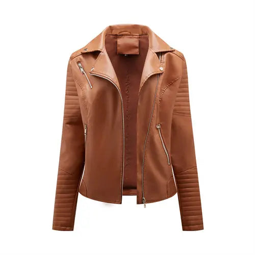 Camel faux leather biker jacket, V-neck zip-up with stand collar and zip pockets