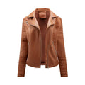 Camel faux leather biker jacket, V-neck zip-up with stand collar and zip pockets