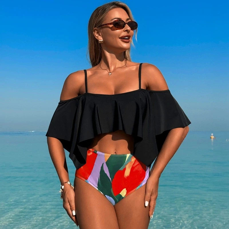 Black off-shoulder ruffle tankini set with multicolor high-waist swim bottom