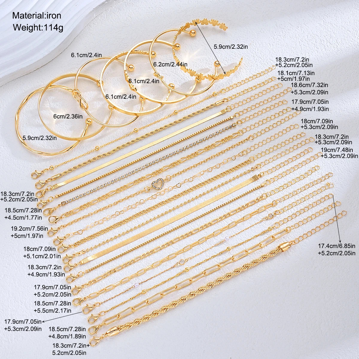 Gold-tone bracelet set with pearl-like beads and small heart charms on chains