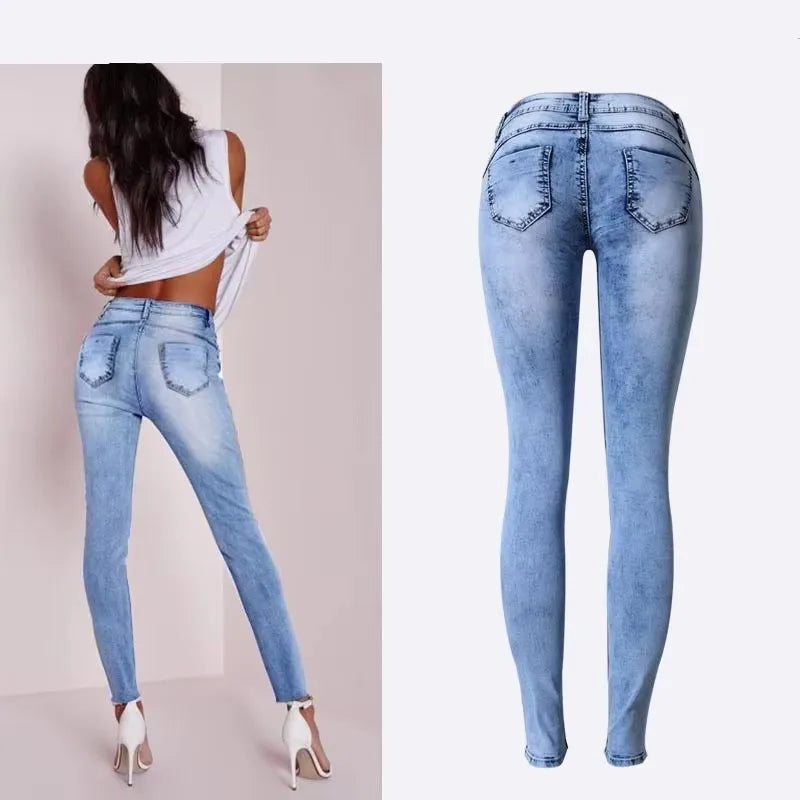 Sky Blue Patchwork Skinny Jeans | Low Waist Stretch Pencil Denim for Women