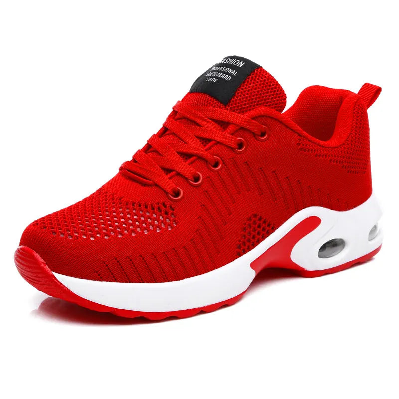 Red knit lace-up sneakers with white rubber sole, low profile, black tongue label