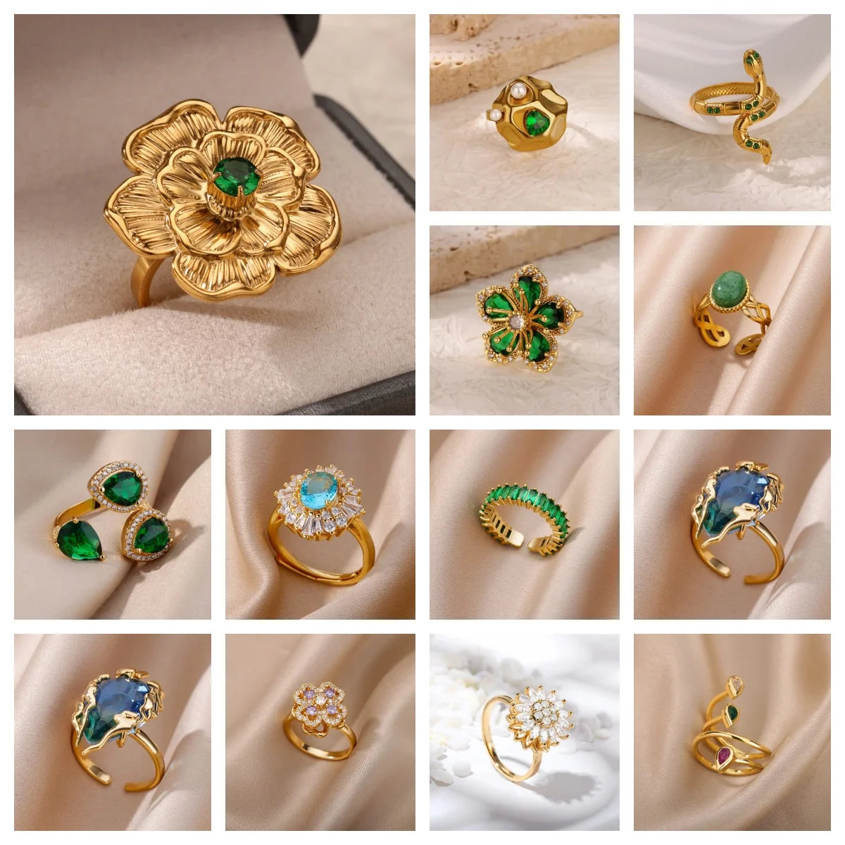 Vintage Geometric Zircon Ring Collection | Gold-Plated Stainless Steel Open Rings for Women