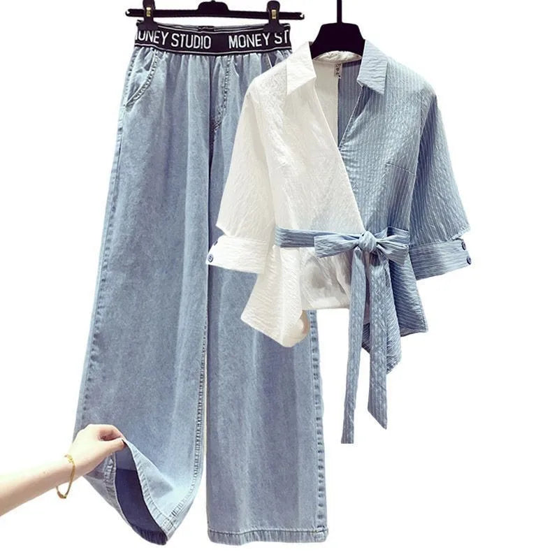 Lace-Up V-Neck Shirt & Wide Leg Denim Trousers Set | Elegant 2-Piece for Women