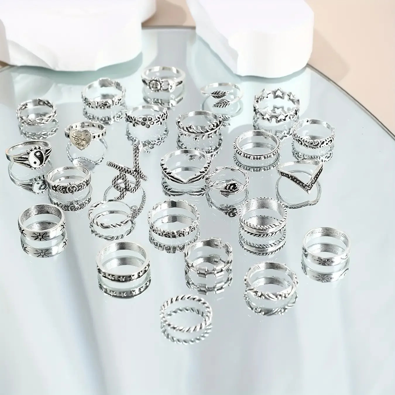 Bohemian Stacking Rings Set | 25Pcs Adjustable Silver Tone Rings for Women