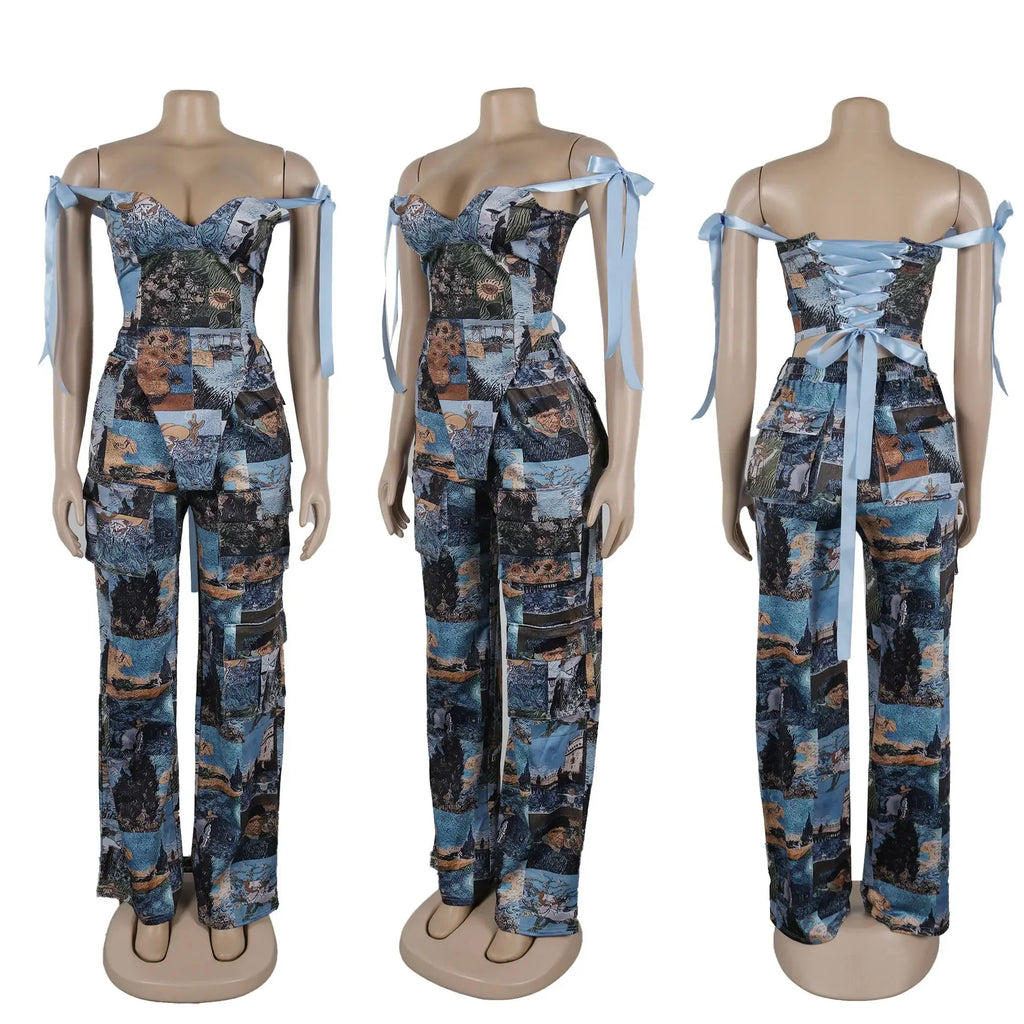 Oil Painting Print Lace-Up Crop Top & Wide-Leg Pants Set