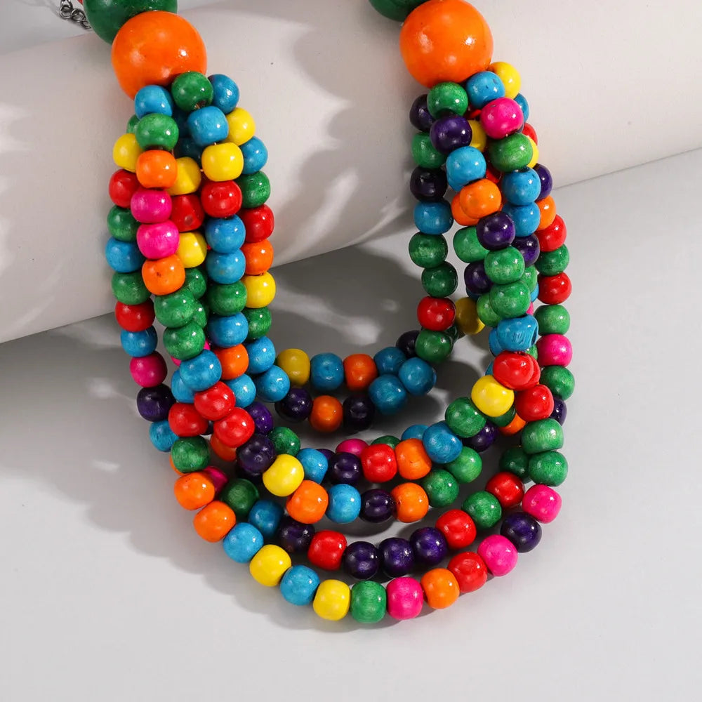 Handmade Multi-Layer Wooden Beaded Necklace | Boho African Ethnic Choker for Women