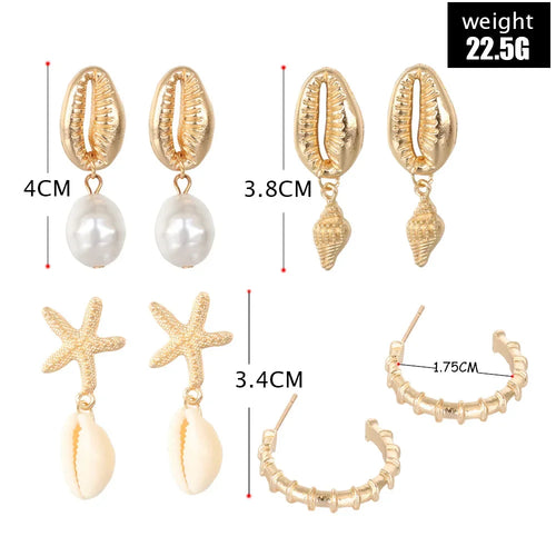 4-Pair Boho Shell & Starfish Dangle Earring Set | Summer Beach Pearl Conch Drop Earrings for Women