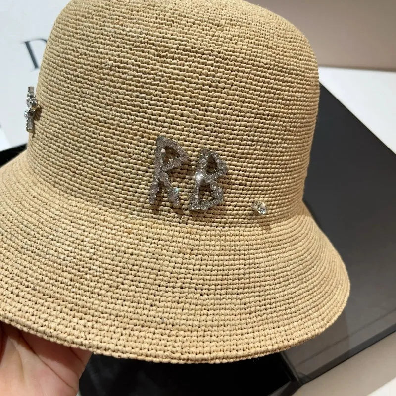 Rhinestone Luxury Raffia Crochet Bucket Hat